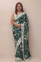 Green Hand Embroidered Parsi Gara Crepe Bird And Flower Design Saree - Luxurion World