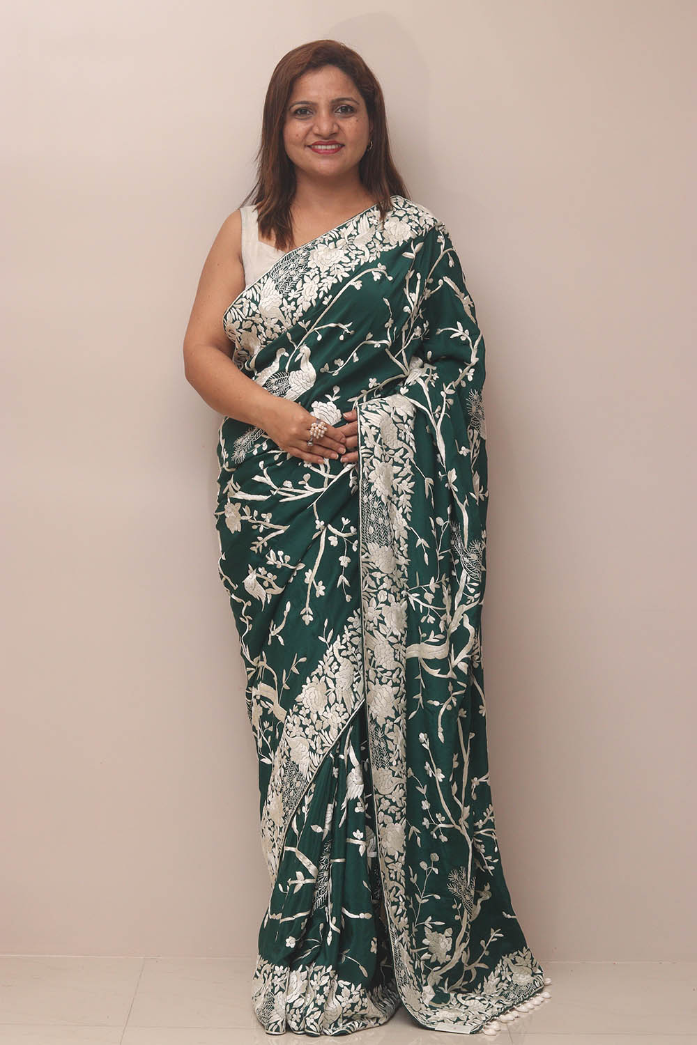 Green Hand Embroidered Parsi Gara Crepe Bird And Flower Design Saree - Luxurion World