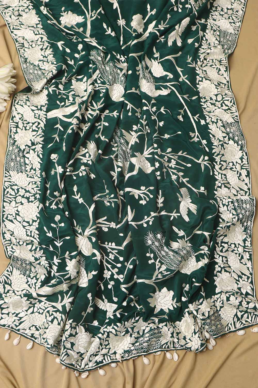 Green Hand Embroidered Parsi Gara Crepe Bird And Flower Design Saree - Luxurion World