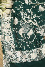 Green Hand Embroidered Parsi Gara Crepe Bird And Flower Design Saree - Luxurion World