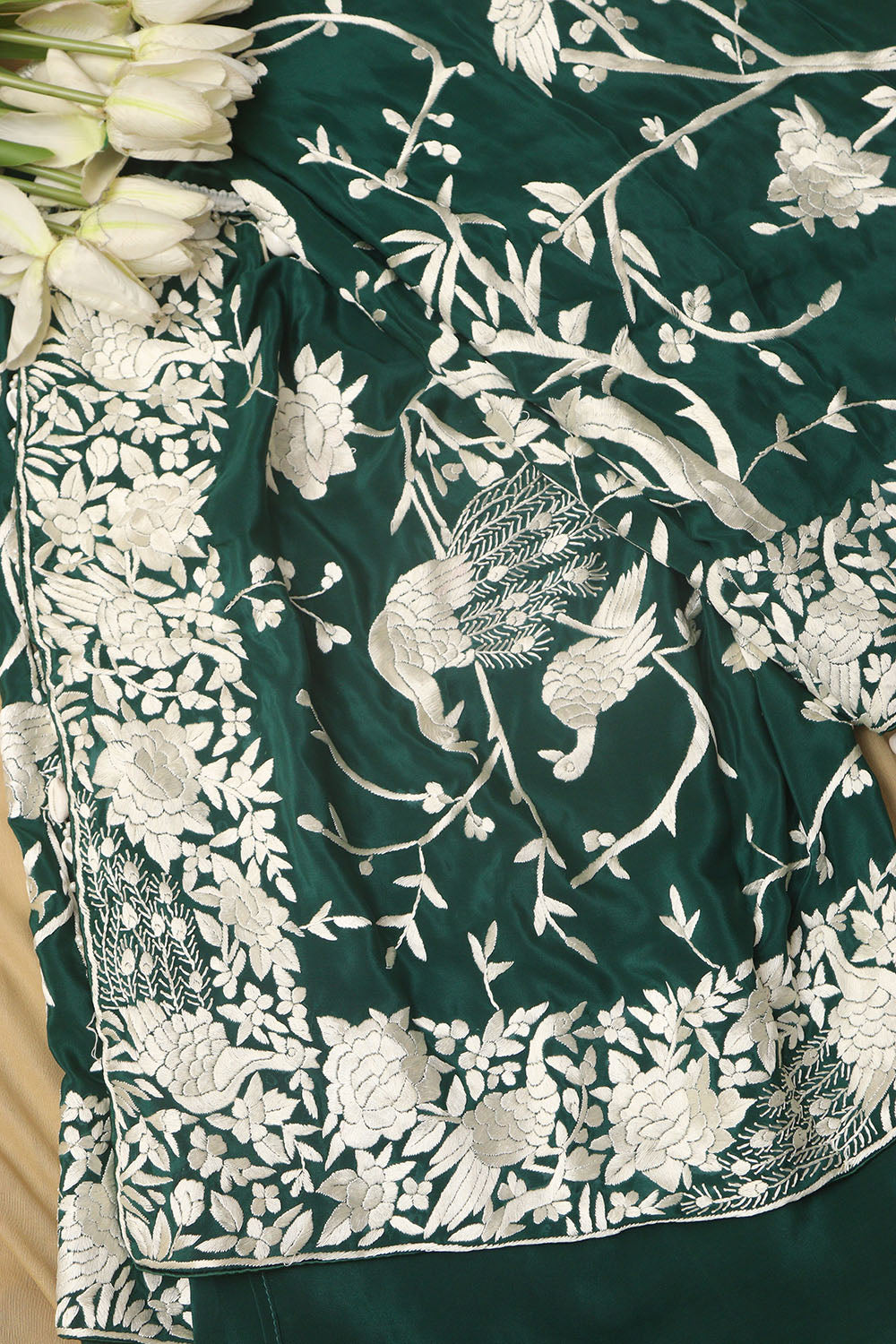 Green Hand Embroidered Parsi Gara Crepe Bird And Flower Design Saree - Luxurion World