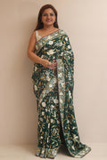 Green Hand Embroidered Parsi Gara Crepe Bird And Flower Design Multicolor Thread Work Saree - Luxurion World