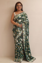 Green Hand Embroidered Parsi Gara Crepe Bird And Flower Design Multicolor Thread Work Saree - Luxurion World