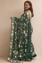 Green Hand Embroidered Parsi Gara Crepe Bird And Flower Design Multicolor Thread Work Saree - Luxurion World