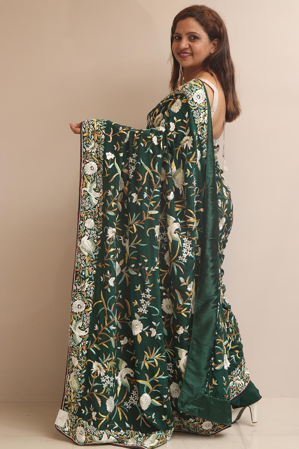 Green Hand Embroidered Parsi Gara Crepe Bird And Flower Design Multicolor Thread Work Saree - Luxurion World