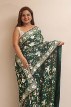 Green Hand Embroidered Parsi Gara Crepe Bird And Flower Design Multicolor Thread Work Saree - Luxurion World
