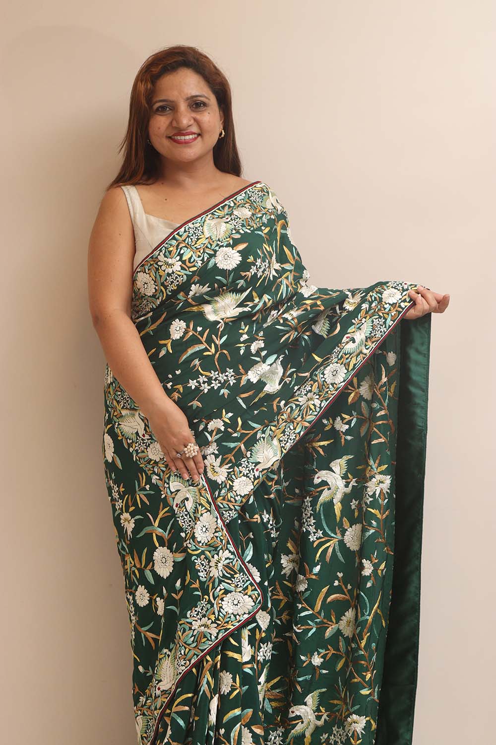 Green Hand Embroidered Parsi Gara Crepe Bird And Flower Design Multicolor Thread Work Saree - Luxurion World