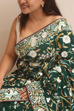 Green Hand Embroidered Parsi Gara Crepe Bird And Flower Design Multicolor Thread Work Saree - Luxurion World