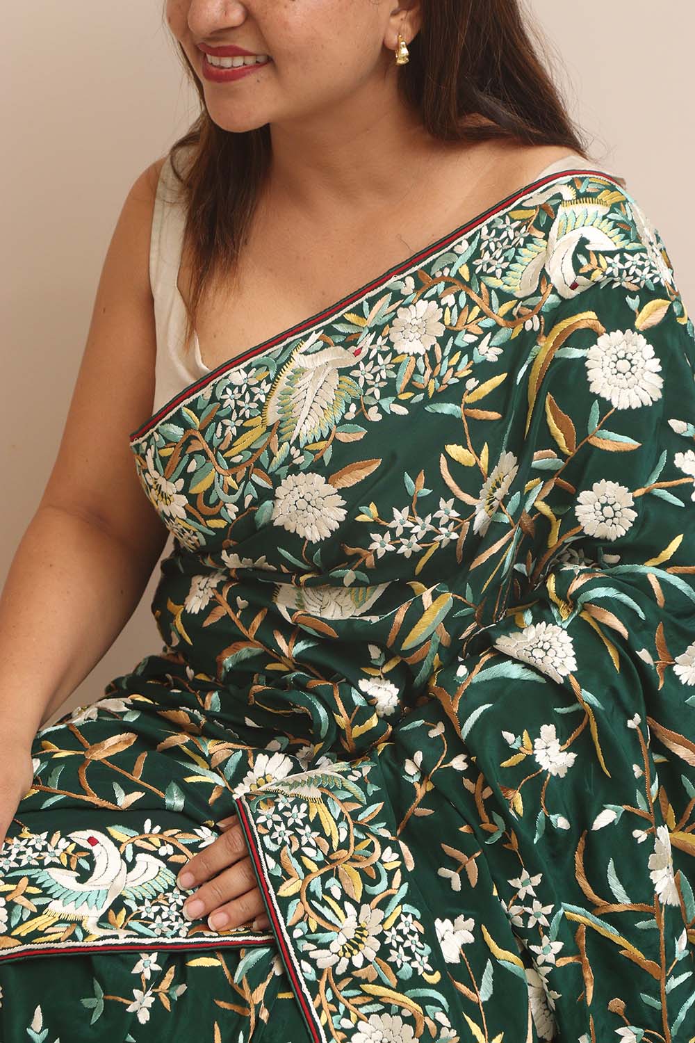 Green Hand Embroidered Parsi Gara Crepe Bird And Flower Design Multicolor Thread Work Saree - Luxurion World