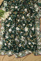 Green Hand Embroidered Parsi Gara Crepe Bird And Flower Design Multicolor Thread Work Saree - Luxurion World