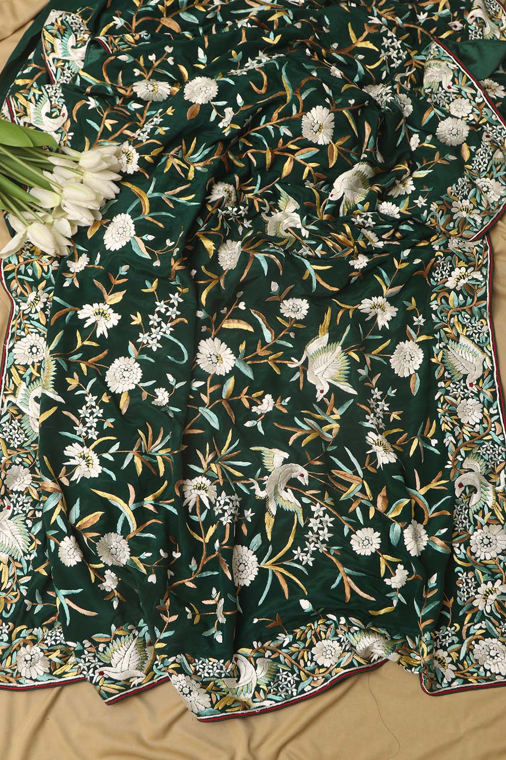Green Hand Embroidered Parsi Gara Crepe Bird And Flower Design Multicolor Thread Work Saree - Luxurion World