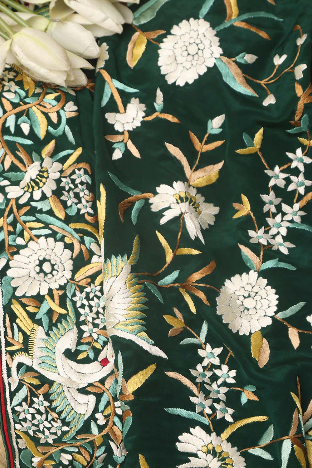 Green Hand Embroidered Parsi Gara Crepe Bird And Flower Design Multicolor Thread Work Saree - Luxurion World