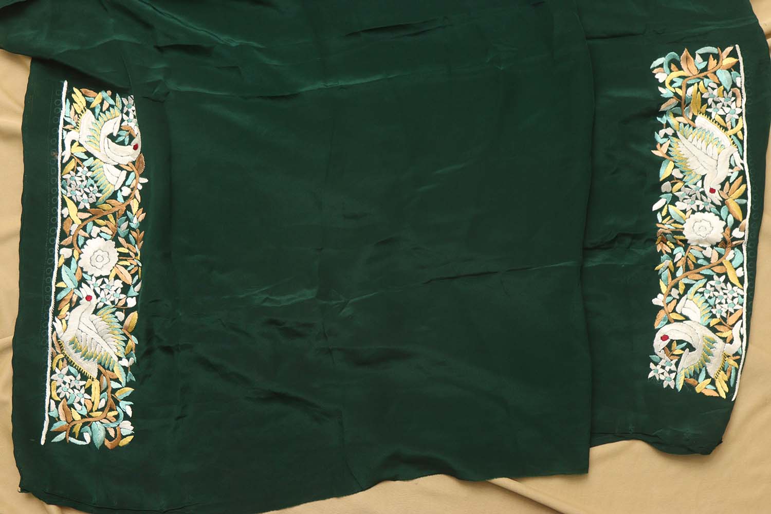Green Hand Embroidered Parsi Gara Crepe Bird And Flower Design Multicolor Thread Work Saree - Luxurion World