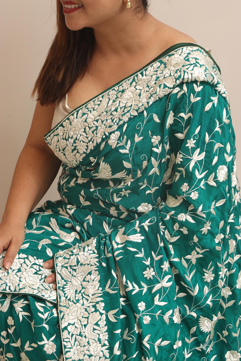 Green Hand Embroidered Parsi Gara Crepe Bird And Flower Design Saree - Luxurion World