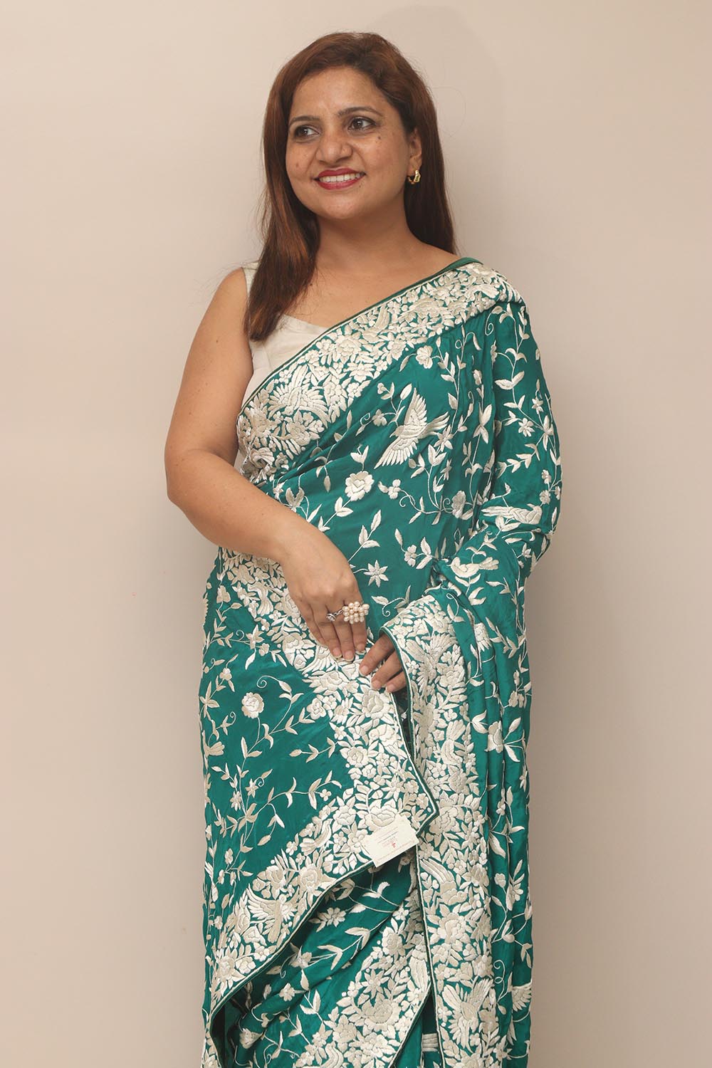 Green Hand Embroidered Parsi Gara Crepe Bird And Flower Design Saree - Luxurion World