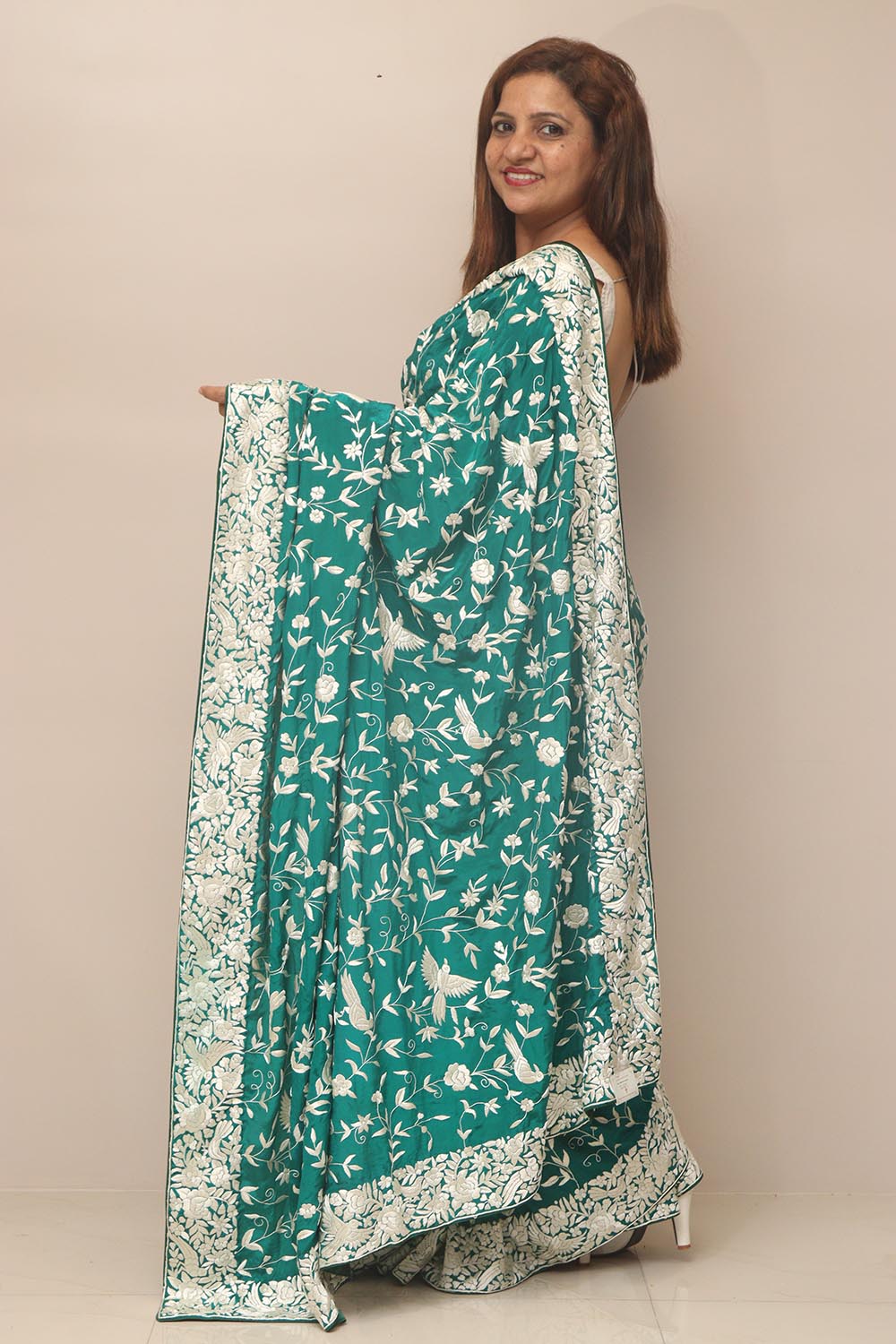Green Hand Embroidered Parsi Gara Crepe Bird And Flower Design Saree - Luxurion World