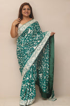 Green Hand Embroidered Parsi Gara Crepe Bird And Flower Design Saree - Luxurion World