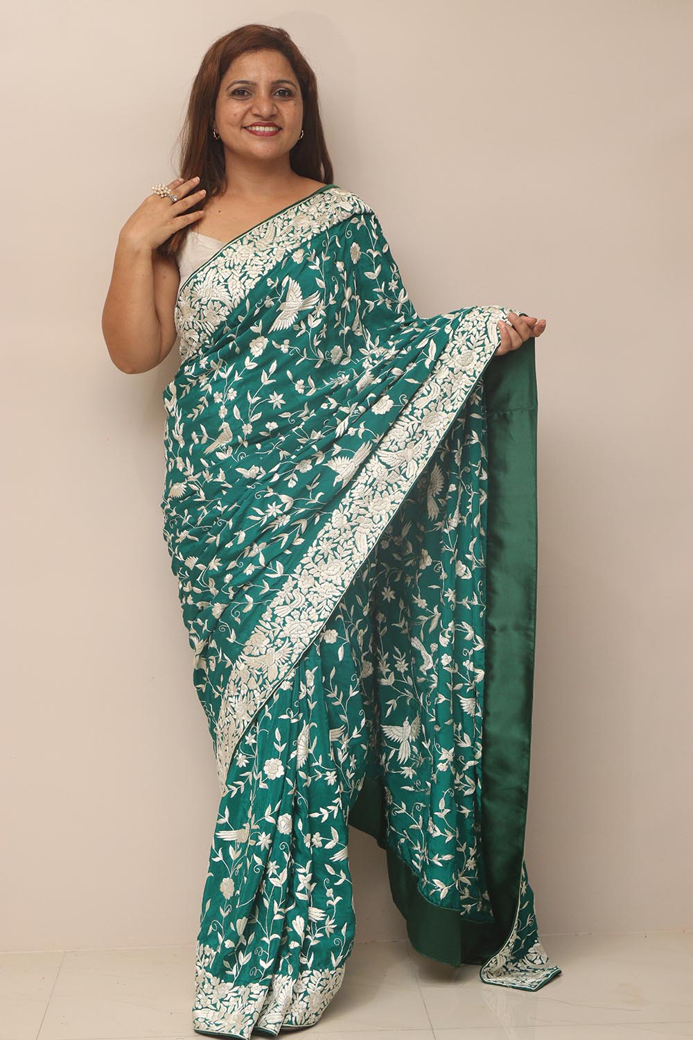 Green Hand Embroidered Parsi Gara Crepe Bird And Flower Design Saree - Luxurion World