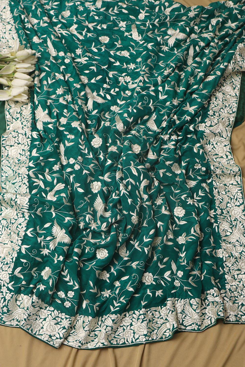 Green Hand Embroidered Parsi Gara Crepe Bird And Flower Design Saree - Luxurion World