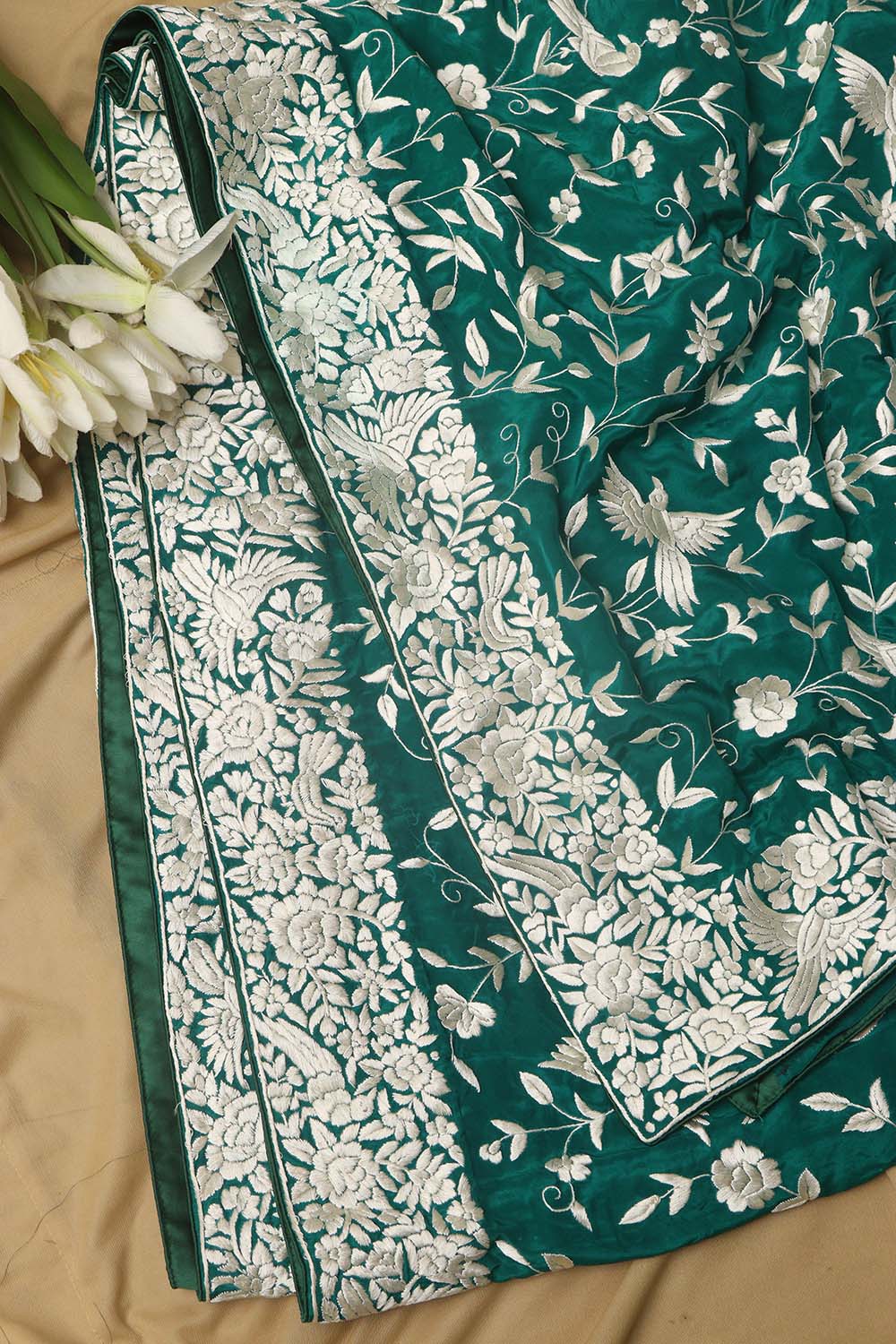 Green Hand Embroidered Parsi Gara Crepe Bird And Flower Design Saree - Luxurion World