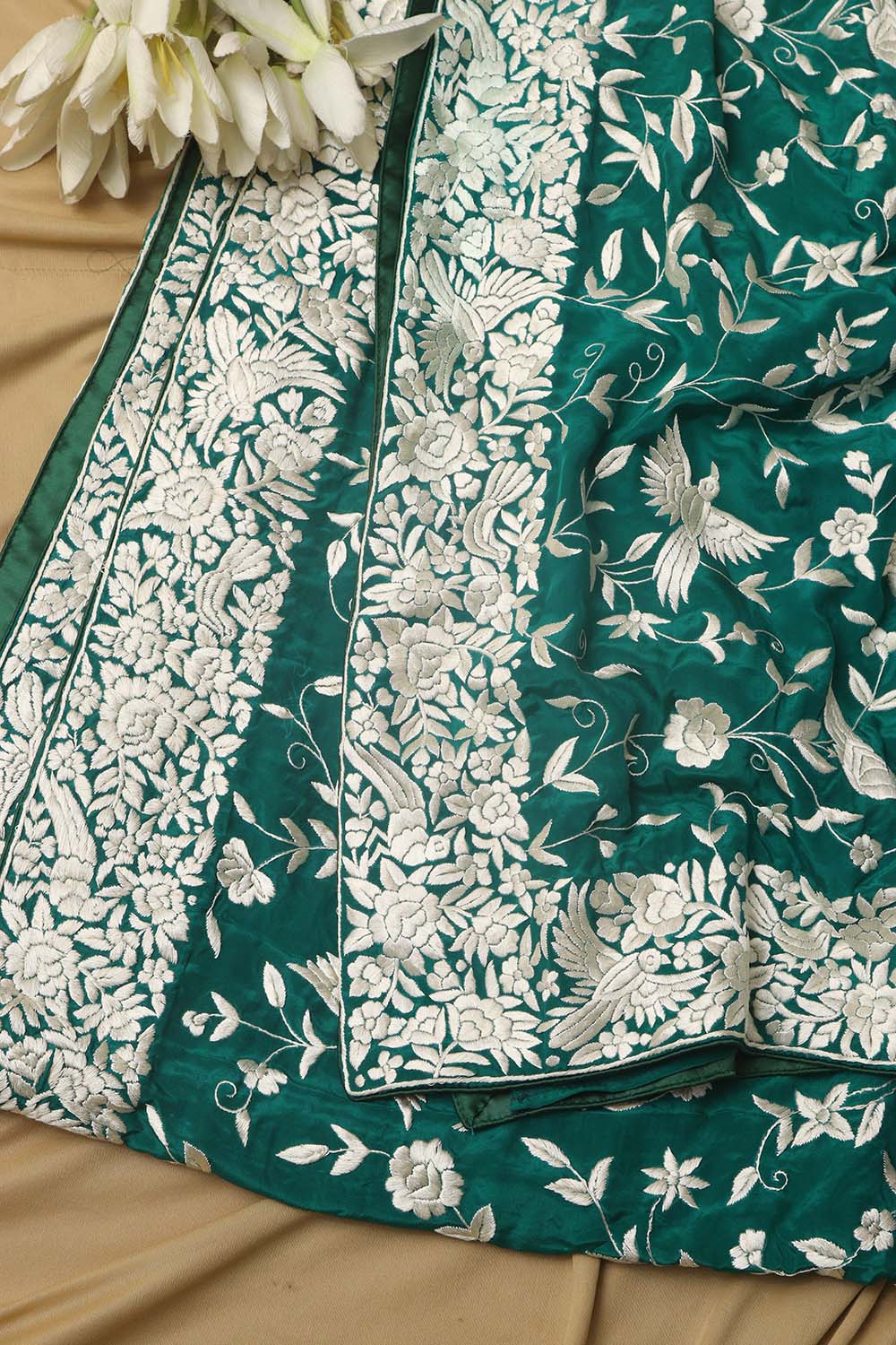 Green Hand Embroidered Parsi Gara Crepe Bird And Flower Design Saree - Luxurion World
