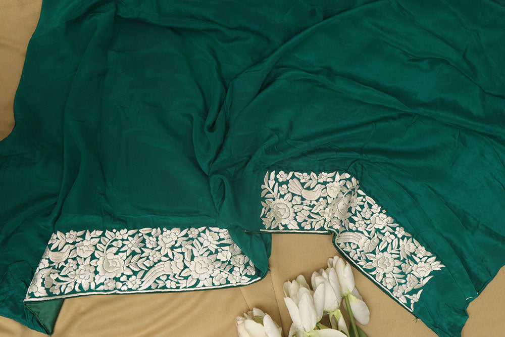 Green Hand Embroidered Parsi Gara Crepe Bird And Flower Design Saree - Luxurion World