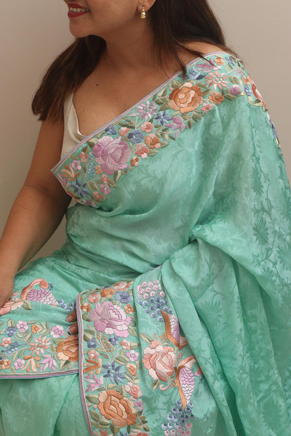 Exquisite Sea Green Hand Embroidered Parsi Gara Crepe Bird And Flower Design Multicolor Thread Work Saree - Luxurion World