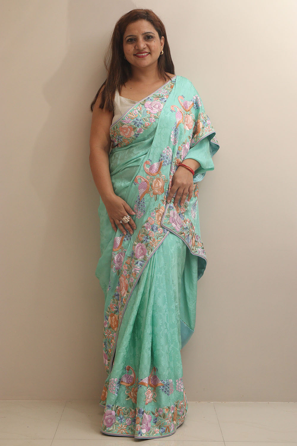 Exquisite Sea Green Hand Embroidered Parsi Gara Crepe Bird And Flower Design Multicolor Thread Work Saree - Luxurion World