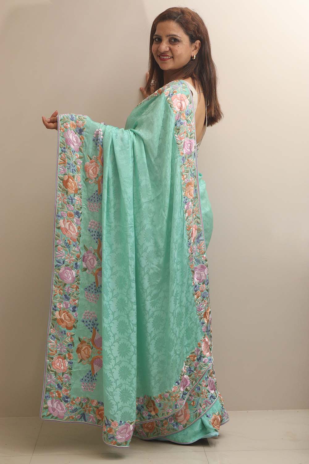 Exquisite Sea Green Hand Embroidered Parsi Gara Crepe Bird And Flower Design Multicolor Thread Work Saree - Luxurion World