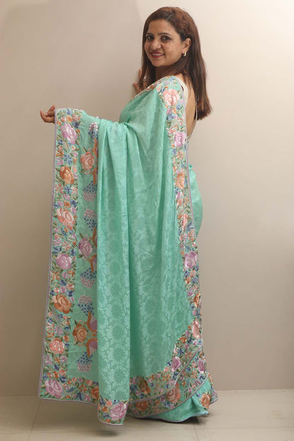 Exquisite Sea Green Hand Embroidered Parsi Gara Crepe Bird And Flower Design Multicolor Thread Work Saree - Luxurion World