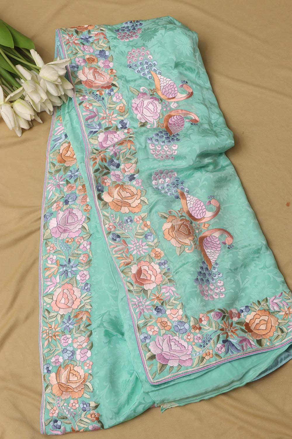 Exquisite Sea Green Hand Embroidered Parsi Gara Crepe Bird And Flower Design Multicolor Thread Work Saree - Luxurion World