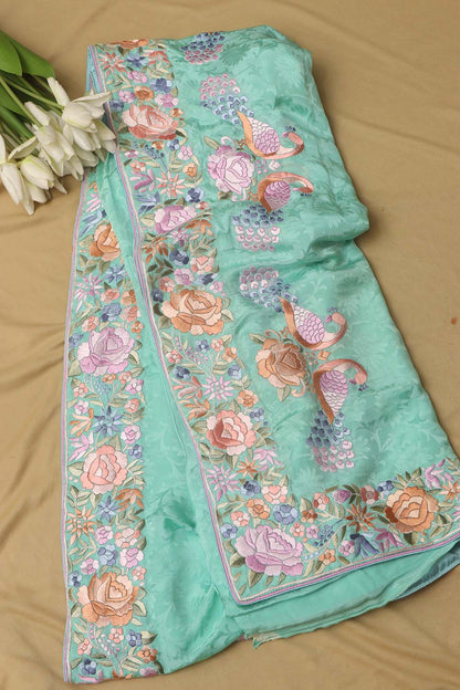 Exquisite Sea Green Hand Embroidered Parsi Gara Crepe Bird And Flower Design Multicolor Thread Work Saree - Luxurion World