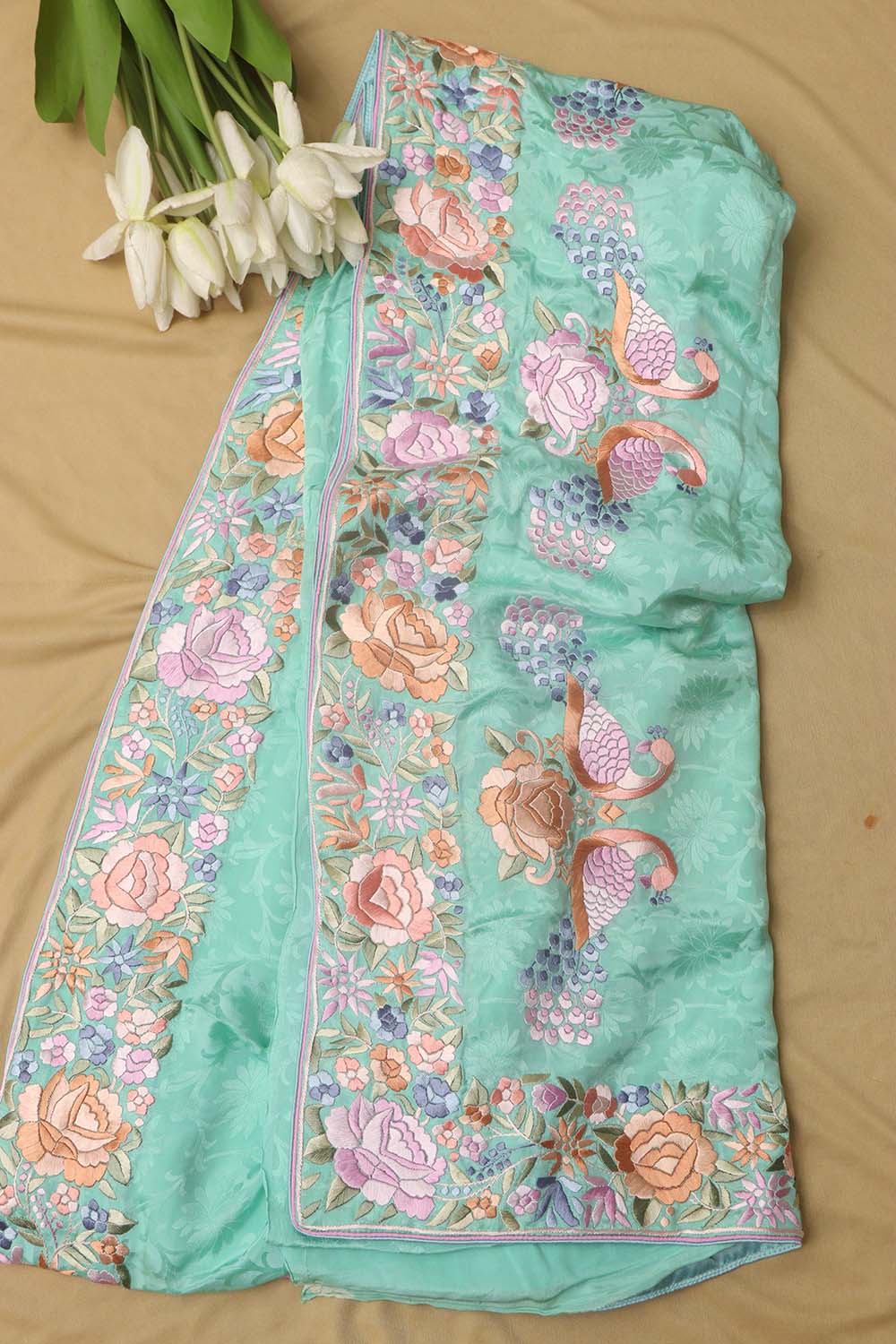 Exquisite Sea Green Hand Embroidered Parsi Gara Crepe Bird And Flower Design Multicolor Thread Work Saree - Luxurion World