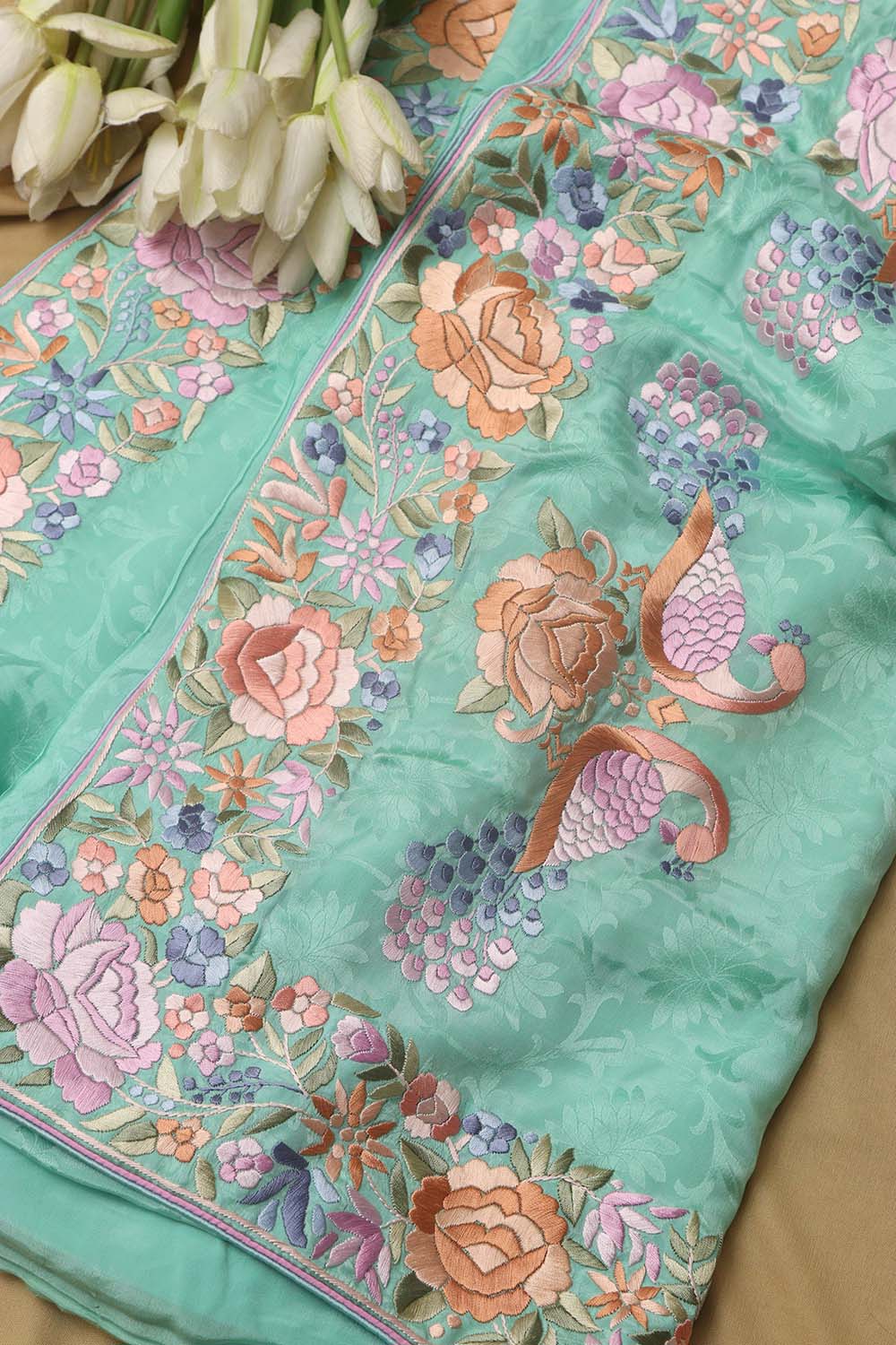 Exquisite Sea Green Hand Embroidered Parsi Gara Crepe Bird And Flower Design Multicolor Thread Work Saree - Luxurion World