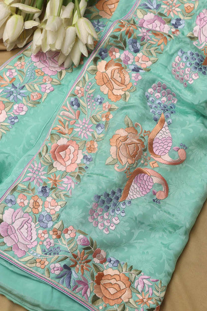 Exquisite Sea Green Hand Embroidered Parsi Gara Crepe Bird And Flower Design Multicolor Thread Work Saree - Luxurion World