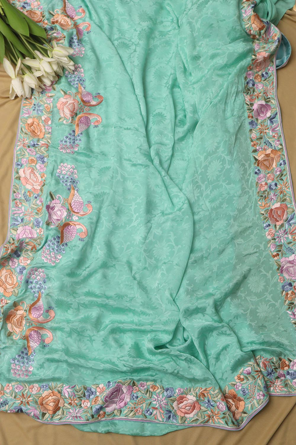 Exquisite Sea Green Hand Embroidered Parsi Gara Crepe Bird And Flower Design Multicolor Thread Work Saree - Luxurion World