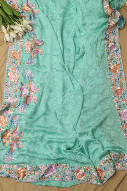 Exquisite Sea Green Hand Embroidered Parsi Gara Crepe Bird And Flower Design Multicolor Thread Work Saree - Luxurion World