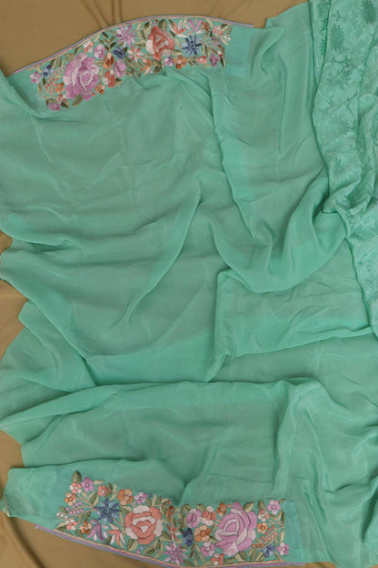 Exquisite Sea Green Hand Embroidered Parsi Gara Crepe Bird And Flower Design Multicolor Thread Work Saree - Luxurion World