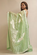 Green Hand Embroidered Parsi Gara Organza Silk Bird And Flower Design Saree - Luxurion World