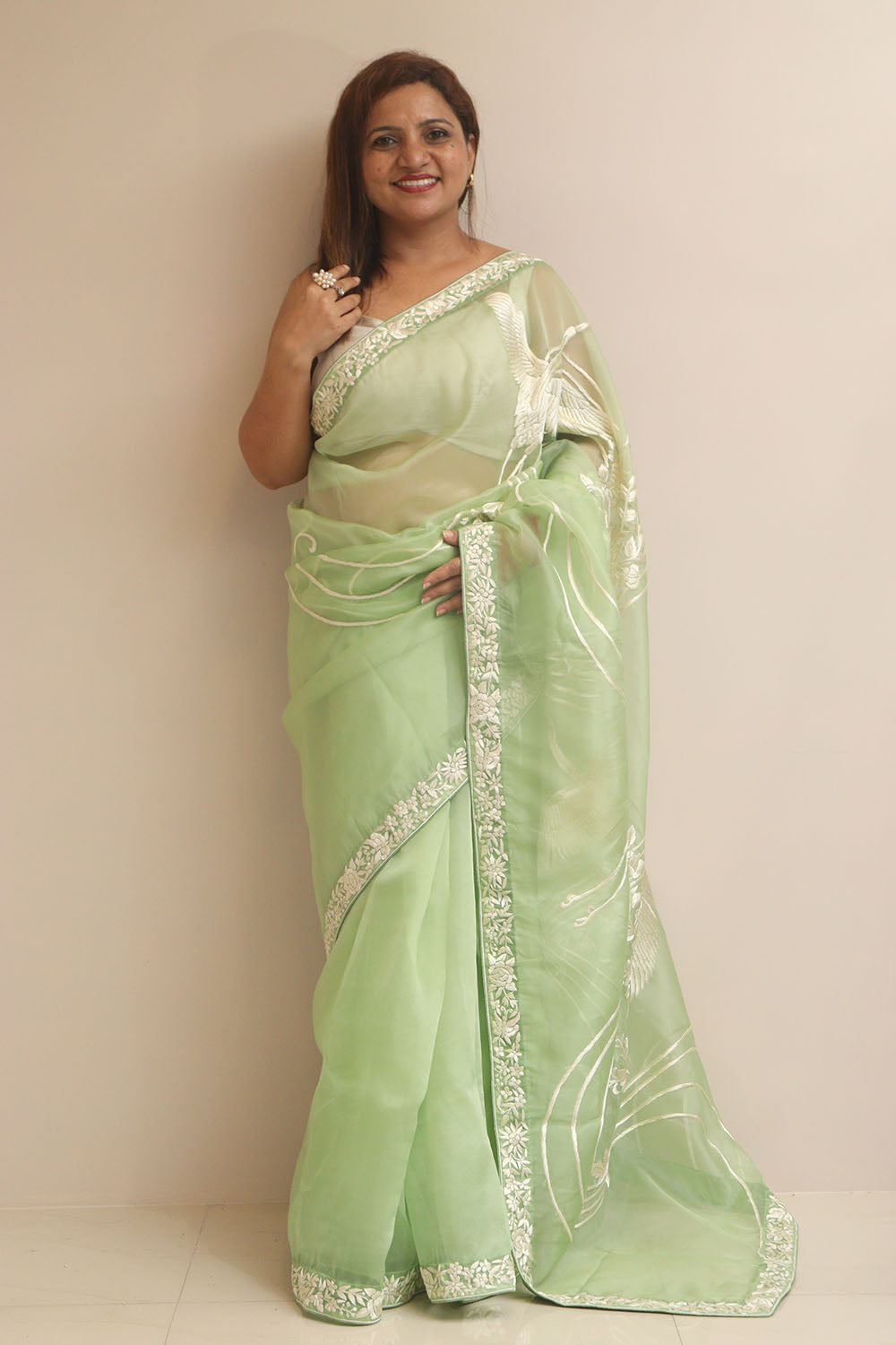 Green Hand Embroidered Parsi Gara Organza Silk Bird And Flower Design Saree - Luxurion World