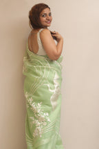 Green Hand Embroidered Parsi Gara Organza Silk Bird And Flower Design Saree - Luxurion World