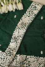 Exquisite Green Hand Embroidered Parsi Gara Crepe Flower Design Saree - Luxurion World