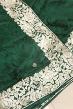Exquisite Green Hand Embroidered Parsi Gara Crepe Flower Design Saree - Luxurion World