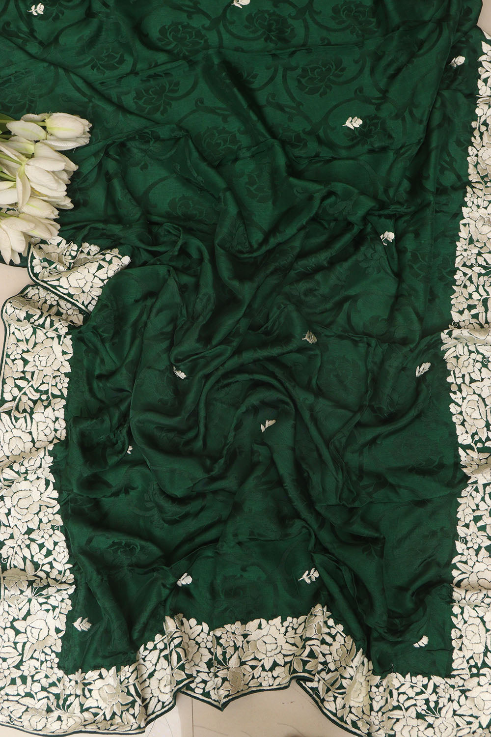 Exquisite Green Hand Embroidered Parsi Gara Crepe Flower Design Saree - Luxurion World