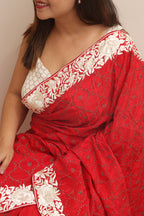 Exquisite Red Hand Embroidered Parsi Gara Border Crepe Flower Design Saree - Luxurion World
