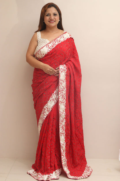 Exquisite Red Hand Embroidered Parsi Gara Border Crepe Flower Design Saree - Luxurion World
