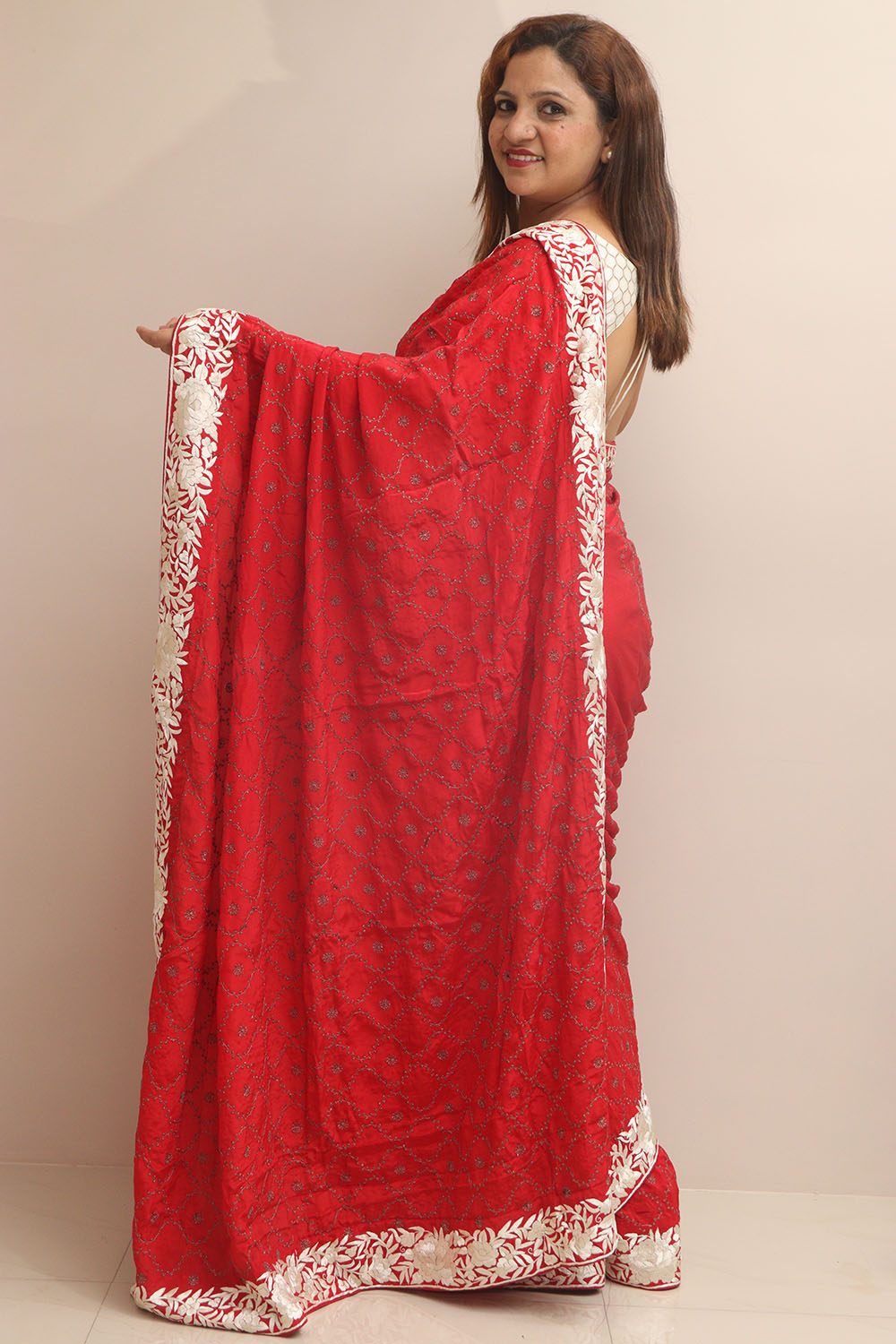 Exquisite Red Hand Embroidered Parsi Gara Border Crepe Flower Design Saree - Luxurion World