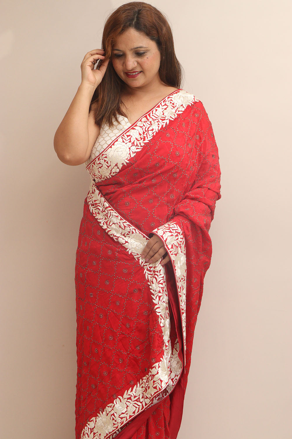 Exquisite Red Hand Embroidered Parsi Gara Border Crepe Flower Design Saree - Luxurion World
