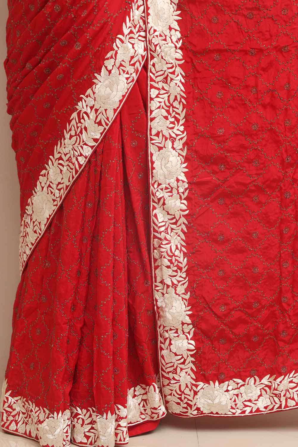 Exquisite Red Hand Embroidered Parsi Gara Border Crepe Flower Design Saree - Luxurion World