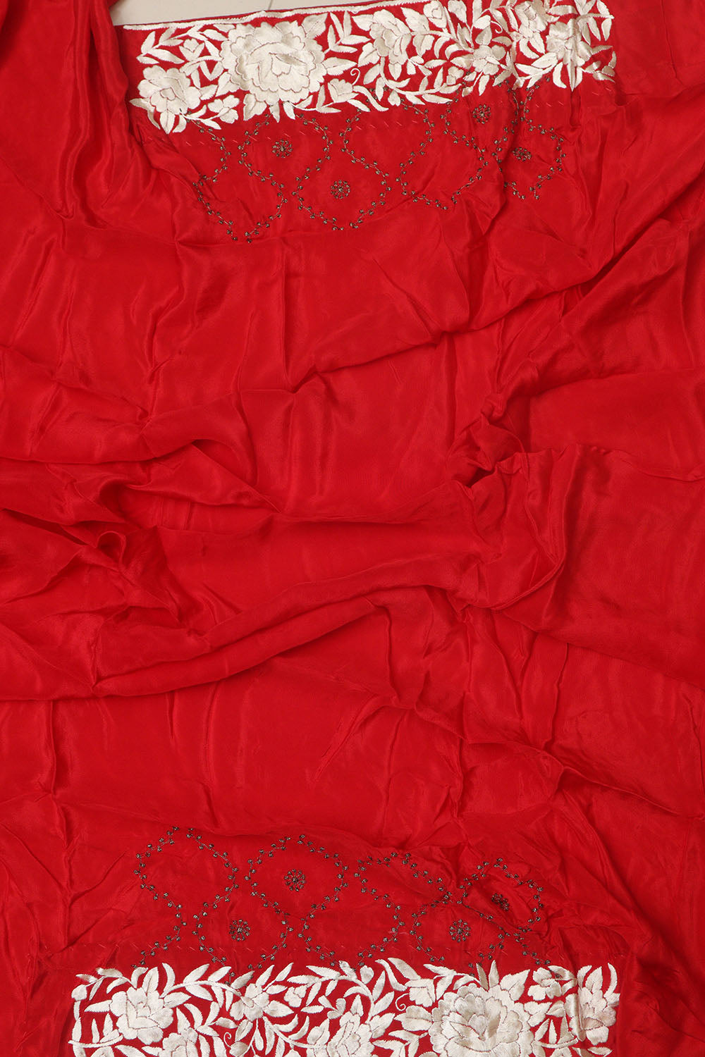 Exquisite Red Hand Embroidered Parsi Gara Border Crepe Flower Design Saree - Luxurion World
